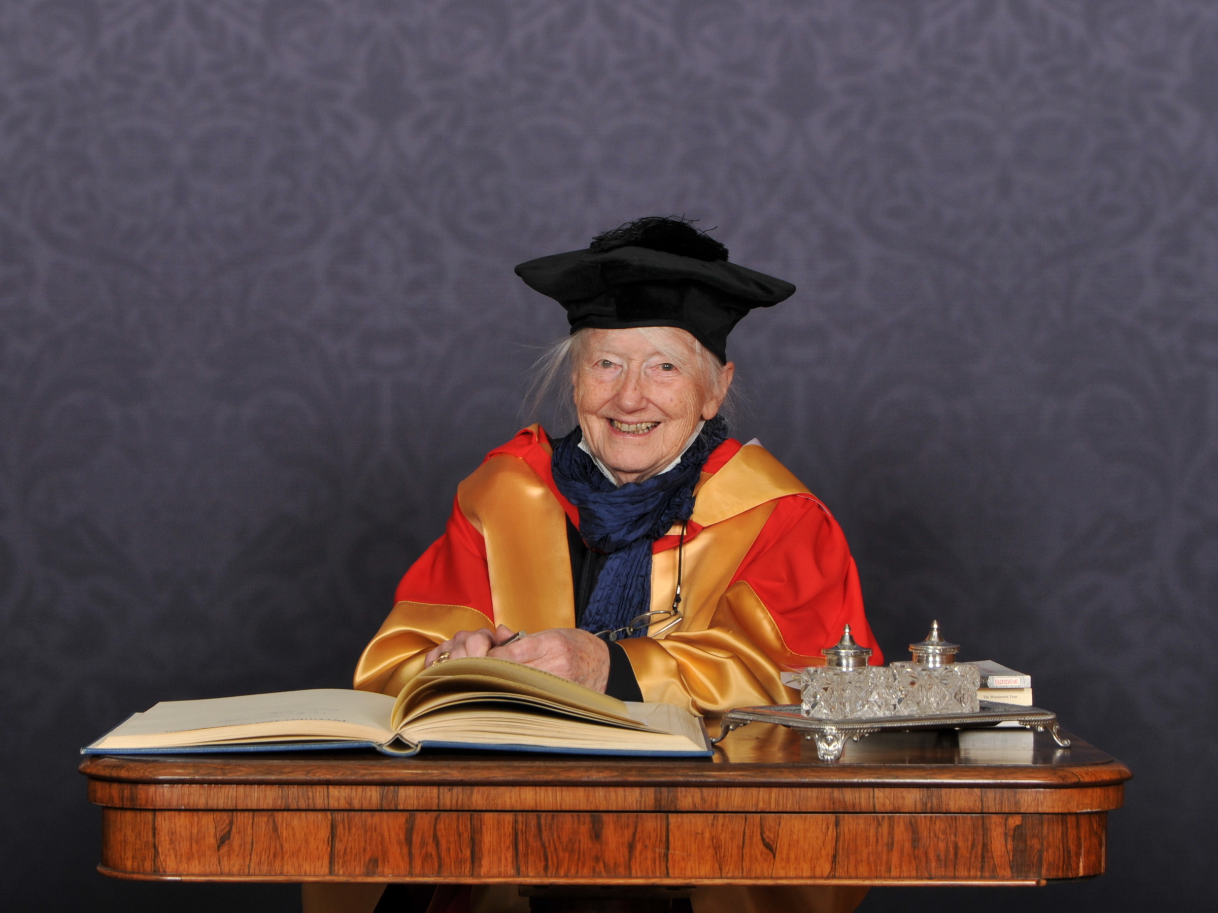 A photograph of Pamela Woof at her Honorary degree ceremony